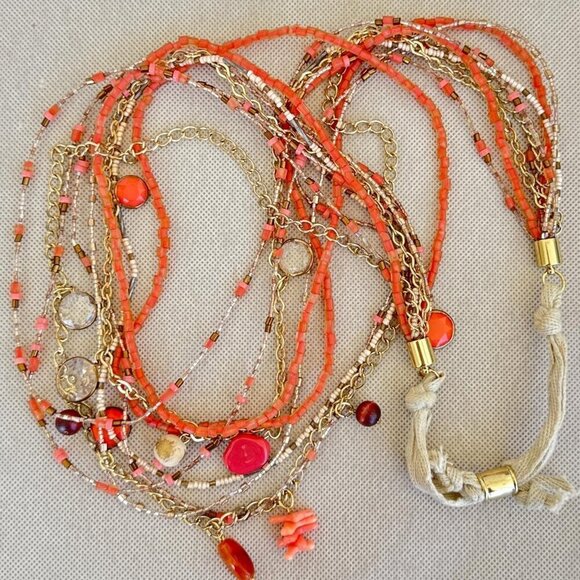 Multi Strand Necklace Coral Gold Tone White Beaded Chain Adjustable Length - Picture 3 of 4